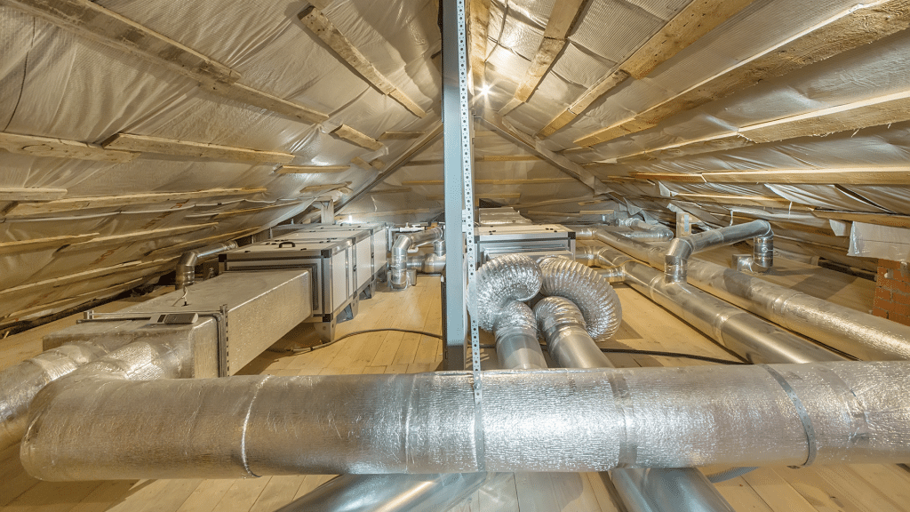 Whole House Air Ventilation and Cleaning System. Ventilation Pipes in Silver Insulation Material on the Attic